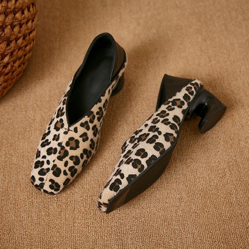 Luxury Horse Hair Leopard Print Loafers Woman Elegant Point Toe Horseshoe Pumps Ladies Brand Design Evening  Velvet Heel Shoes