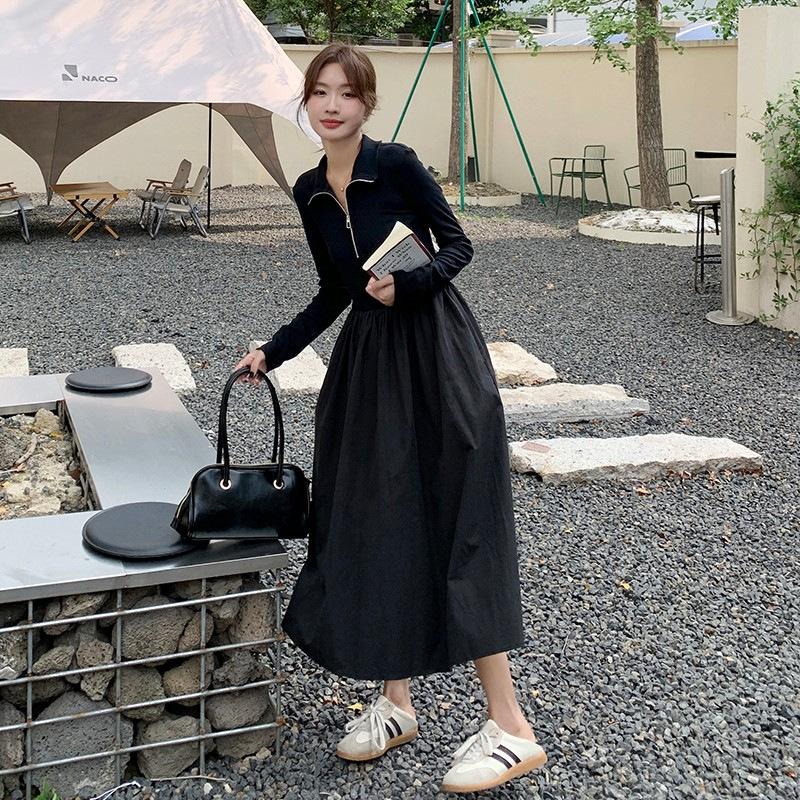 

French fake two-piece black long-sleeved dress women s season new Hepburn style casual sweater splicing long dress S чёрный