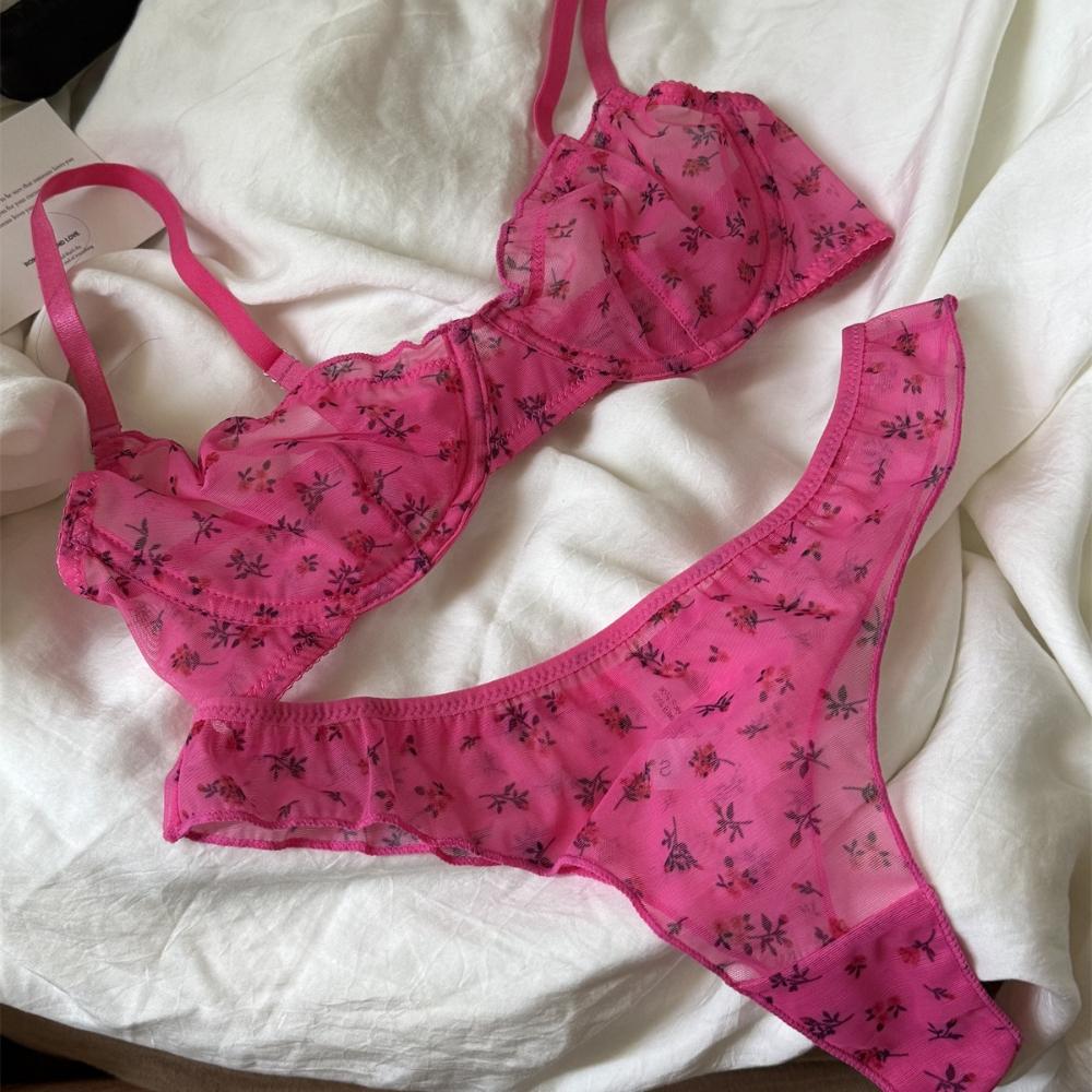 Conjunto de Lingerie Francês Ultra Fino Sexy Renda Estampas Florais Sutiã Moda Roupa Íntima Feminina Malha Respirável Intimidade Conjuntos de Sutiã e Tanga