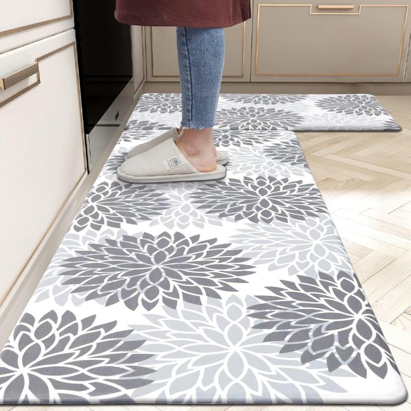 Modern Floral Anti-fatigue Kitchen Rug Non-slip Waterproof Oil-proof Carpet for Kitchen Laundry Room Decor