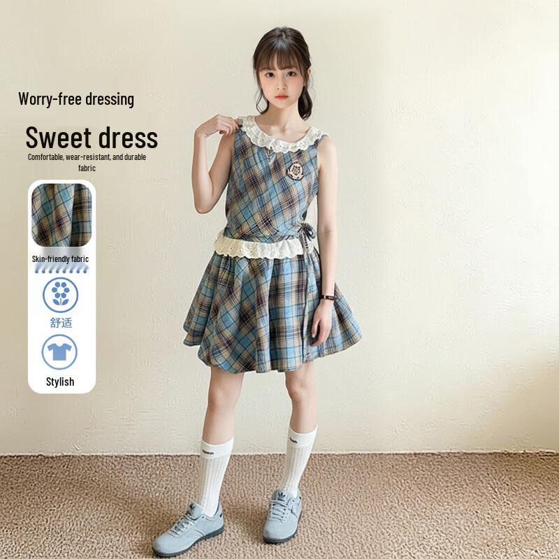 Girls Summer Sleeveless Plaid Dress with Lace Trim 140