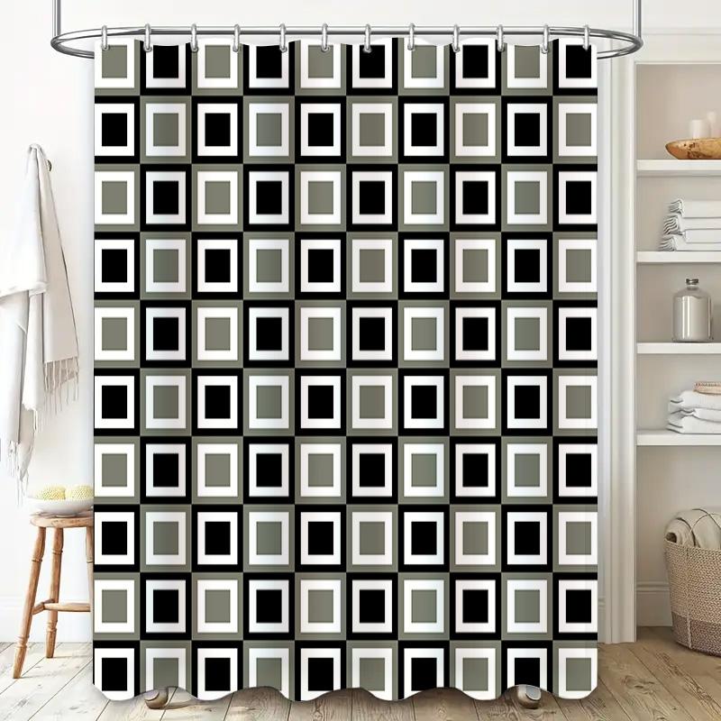 Modern Black White Gray Geometric Squares Shower Curtain Decorative Bathroom Waterproof Fabric Available In Various Sizes (Large
