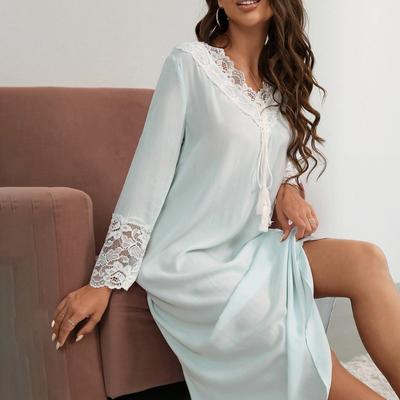 Kadın Yeni Dantelli Uzun Kollu V Yaka Düz Renk Pijama Ev Giyim Büyük Beden Uzun Kollu Elbiseler