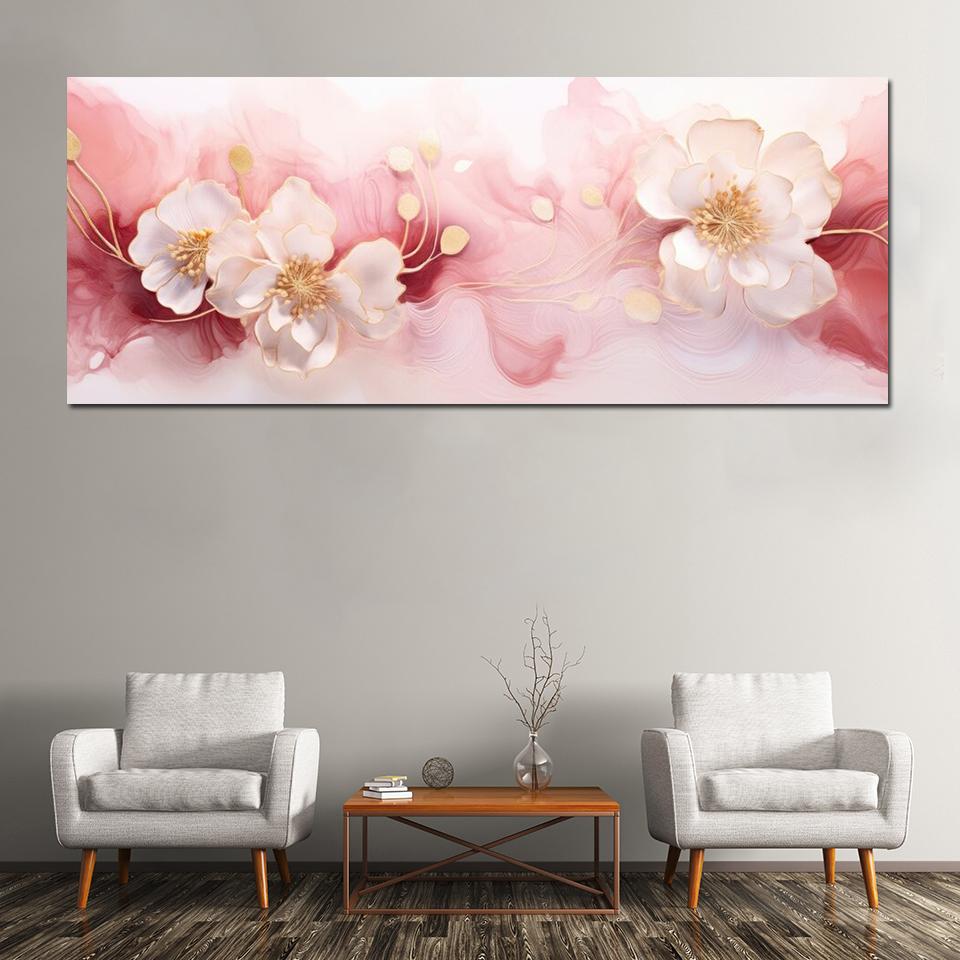 Pittura su Tela Floreale Art Fluid Moderna Arte Murale Poster e Stampe Fiore Dorato Marmo per Decorazione Parete Soggiorno Senza Cornice