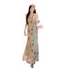 Holiday mesh printing neck dress women's summer retro temperament slim fishtail skirt slim hip wrap dress