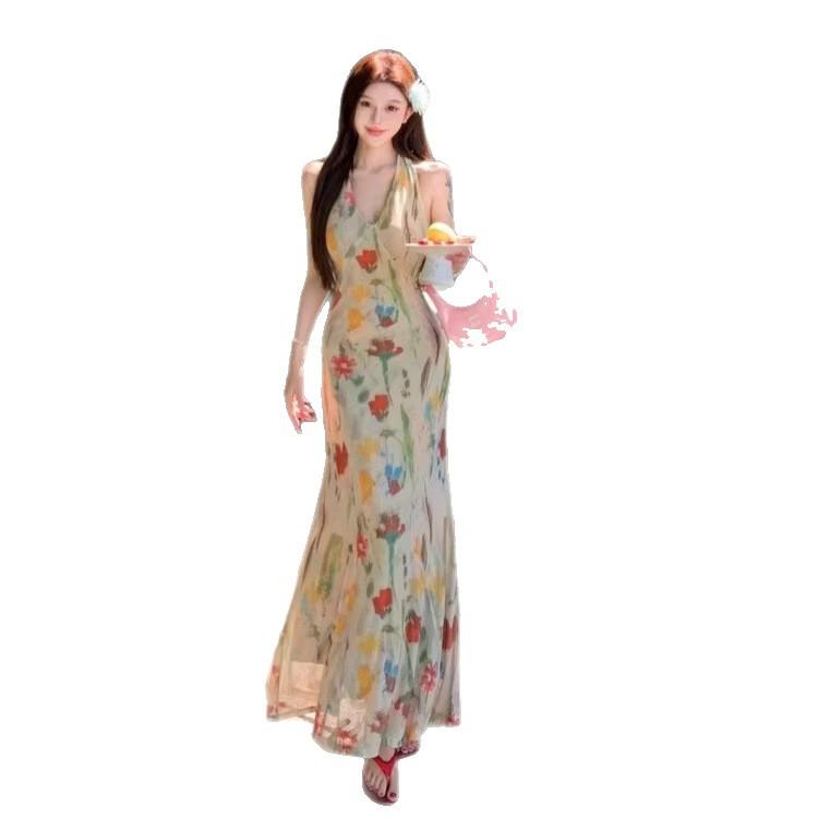 Holiday mesh printing neck dress women's summer retro temperament slim fishtail skirt slim hip wrap dress