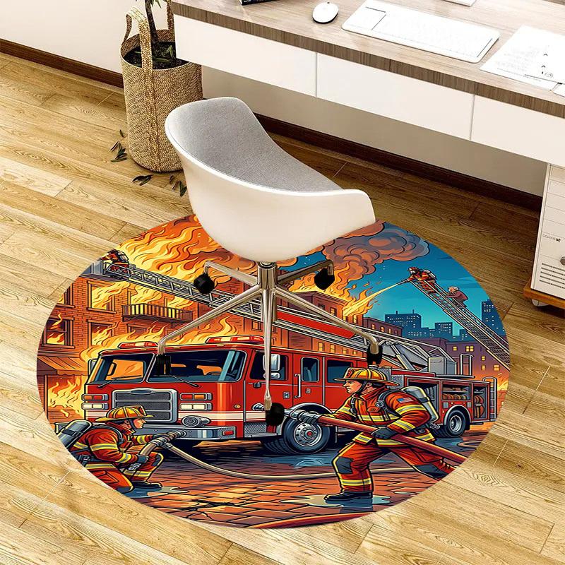 1PC Firefighter Firetruck Non-Slip Floor Round Carpet, Office, Family, Bedroom, Large Area Rug Indoor Rugs,  Durable PolyesterH0348