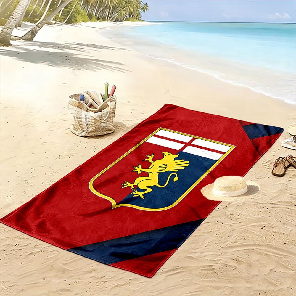 Golden Griffin Emblem on Red and Blue Patterned beach towel quick dry perfect for travel outdoor sports jogging the beach and swimming