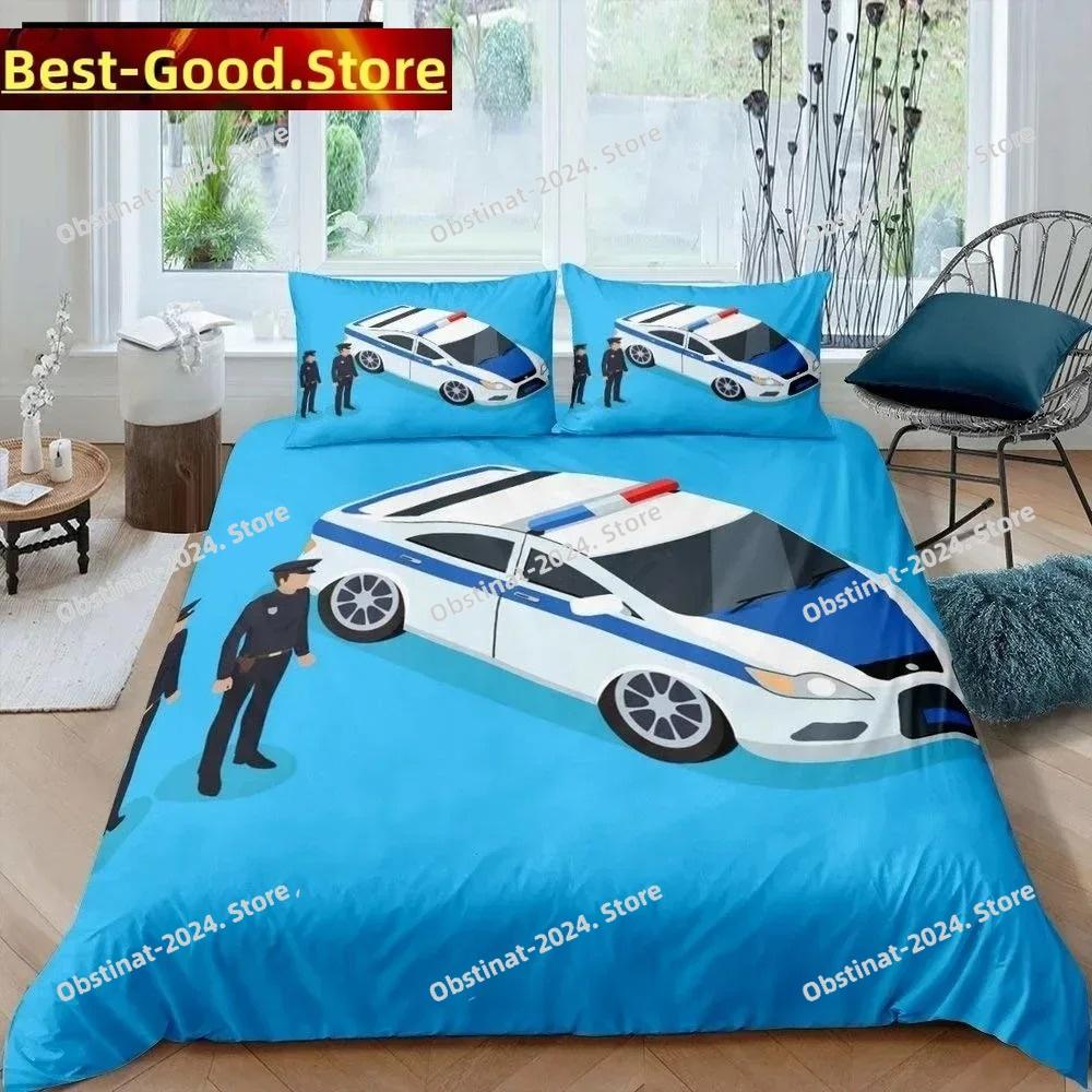 Copripiumino King Queen Auto della Polizia Set Biancheria da Letto Auto Cartone Animato Bambini Ragazzi Blu Grigio Veicoli di Emergenza Copripiumino in Poliestere