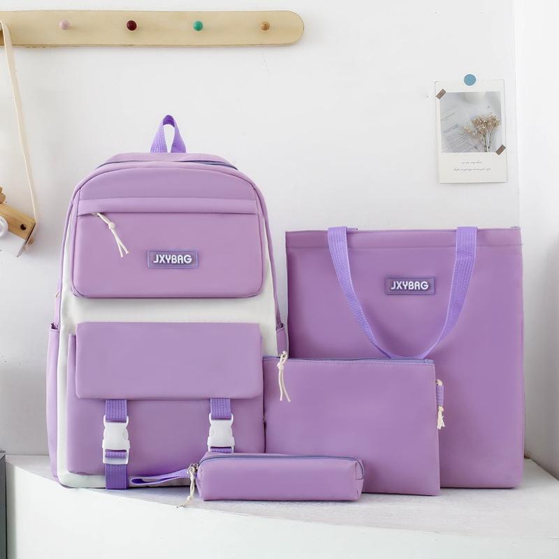 Four-piece Girls Schoolbag Simple Large Capacity Solid Color Five Backpack Junior High School Student Backpack Women