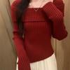 Women's Square Neck Knitted Sweater Autumn Winter Slim Knitted Base Layer Long Sleeve Pullover Irregular Knit Top