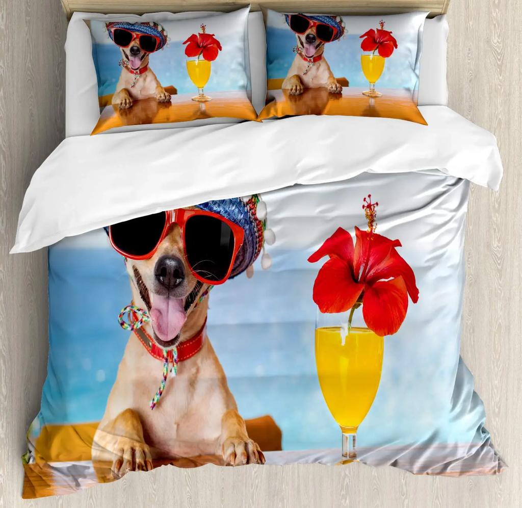 Uroczy Zestaw Poszewek na Kołdrę z Psem ChihuahuaDziewczęcy Chihuahua Modne Okulary Wstążki SzczeniakZestawy Pościeli Rozmiar Twin Single KingJasny Różowy