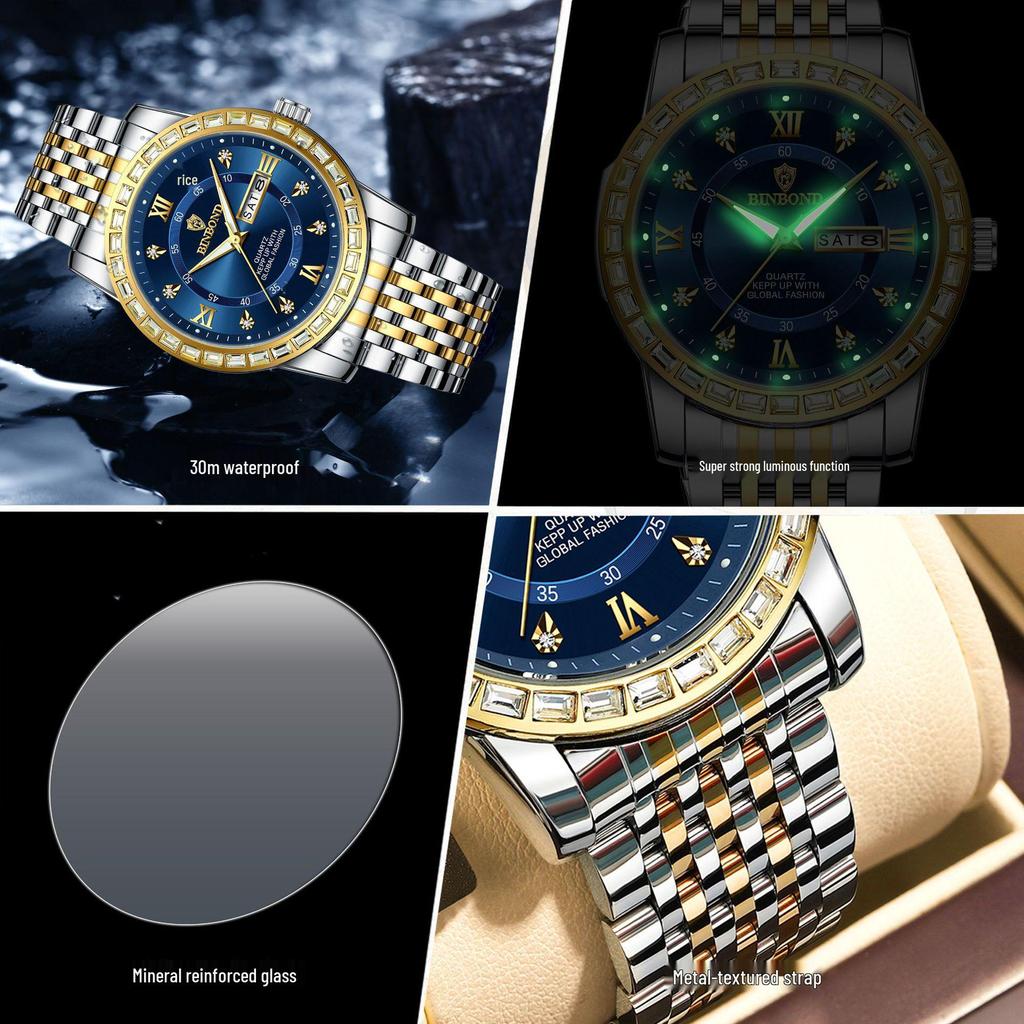 Men's Genuine Diamond-Inlaid Mechanical Watch – Trendy, Waterproof, Double Calendar, Luminous Quartz.