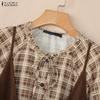 ZANZEA Damen Karo Druck Lässige Rundhals Langarm Bluse