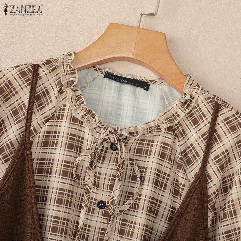 ZANZEA Damen Karo Druck Lässige Rundhals Langarm Bluse