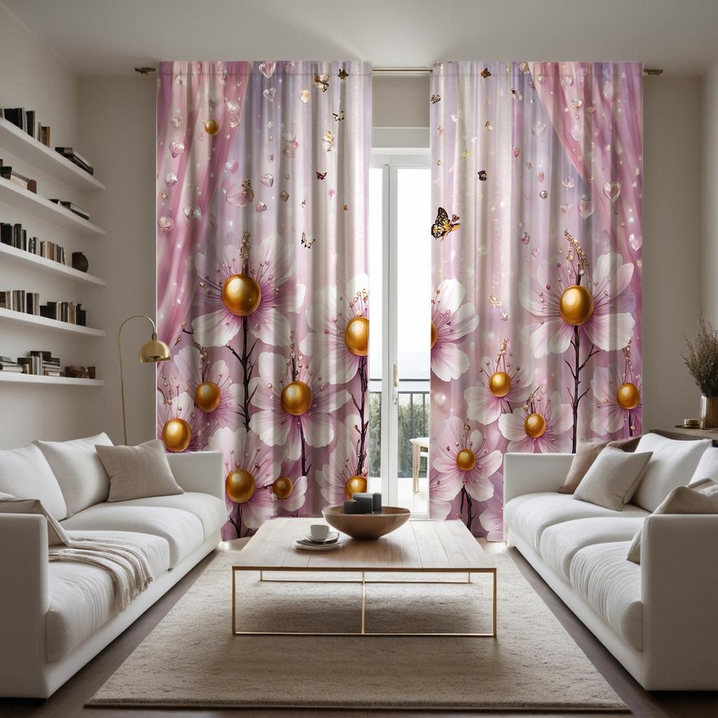 2 Pieces of HD Digital Pink Tie Princess Style Flower Curtain Home Decoration Style Decoration Living Room Bedroom Wear Rod Curt