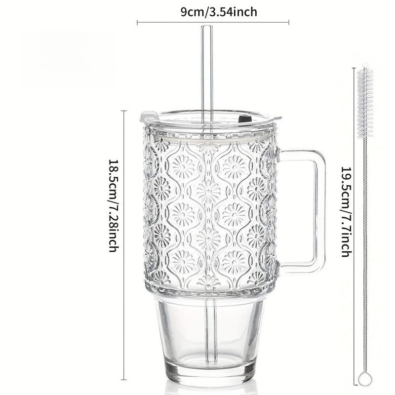 24oz Glass Tumbler Cup with Handle Lid Big MAC Iced Coffee Cups with Straw Reusable Glass Mug for Cold & Hot Beverages Drinkware