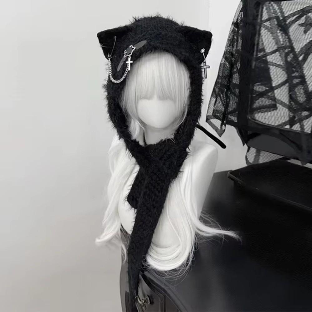 New Harajuku Japanese Cat Ear Hat Cross Chain Leather with Scarf Women Y2K Punk Knitted Caps Buckle Warm Ear Flap Hat