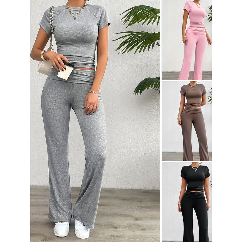 Slim Fit T-shirt Solid Color Pants Set Silm T-shirt Pure Color Pants Suit