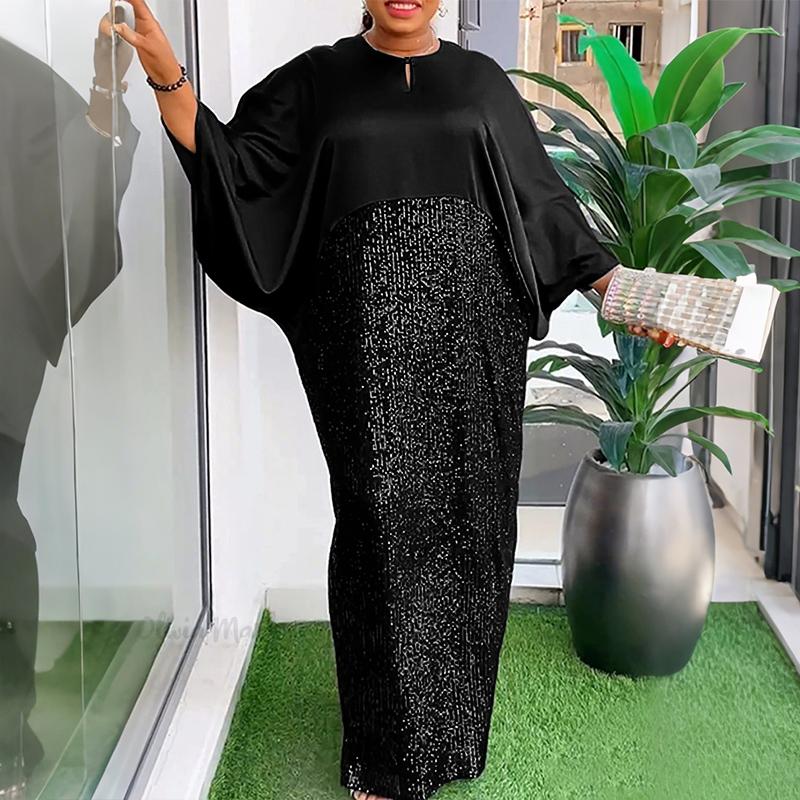 Oversized Women 3/4 Sleeve Glitter Sequin Patchwork Casual Baggy Maxi Kaftan Dress