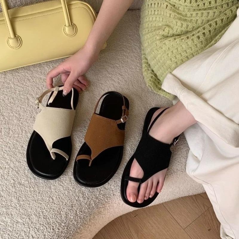 Weichsohlige Französische Dünne Riemchen Flache Zehenpartie Sandalen Damen Sommer Neu Runde Spitze Ein-Riemen Außen zu tragen Kühl Wisch
