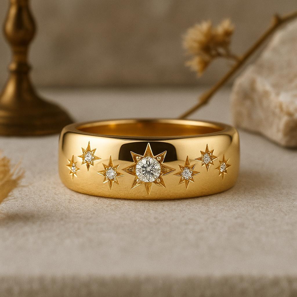 Star Burst Wide Band Ring, Yellow Gold Plated Statement Jewelry, Celestial Engraved Bridal Ring, Anniversary Gift for Her