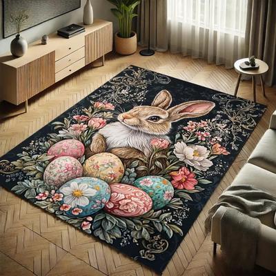 Osterteppich Matte Teppich mit drei Hasen Eiern Floral Frühlingswiese Heimdekoration für Wohnzimmer Willkommensmatte Türmatte