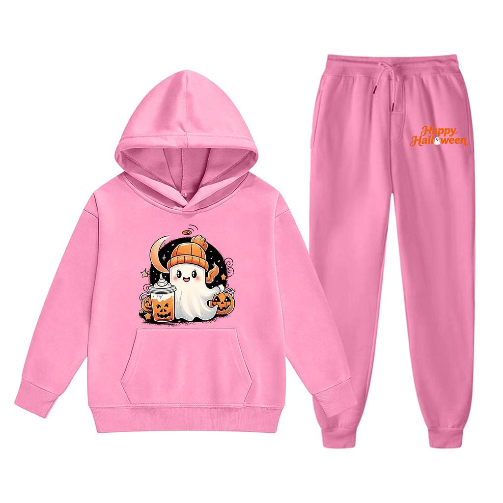 Kids Halloween Hoodie Set Ghost Print Pullover Sweatshirt and Pants Outfit Soft Comfortable Fabric Suitable for Fall and Winter Wear