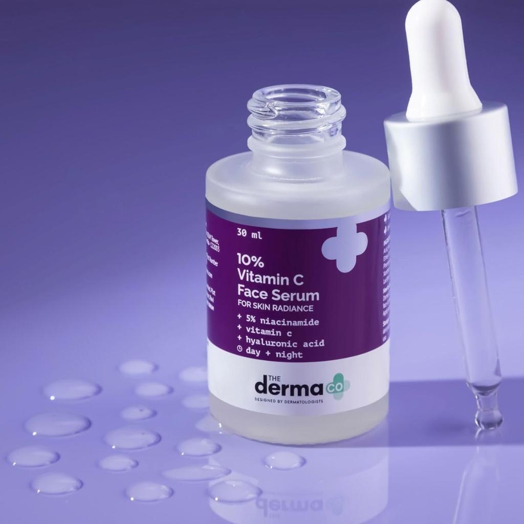 Le combo Glow & Protect de Derma Co - Sérum visage à 10 % de vitamine C (30 ml) + 1% de gel solaire à l'acide hyaluronique Aqua Gel (50 grammes)