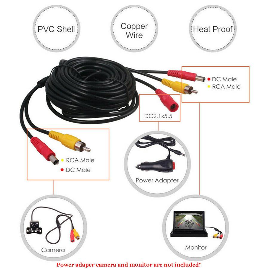 7M Camera W/ Detection Wire Car RCA Video Extension Cable for Auto Backup CAM