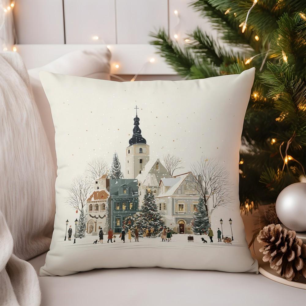 Home Decor Christmas Bear with Tree and Cup Pillow Pattern Cushion Cover Suitable for Sofa Bedroom Car Pillow Cover