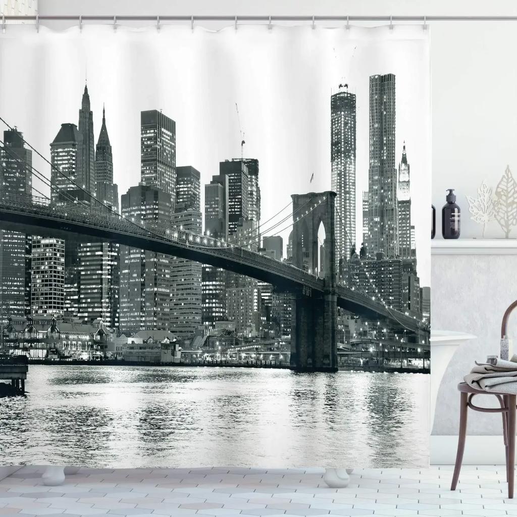New York Shower Curtain Grey Night City Bathroom Curtain City View Modern Life Theme Waterproof Polyester Fabric with Hooks