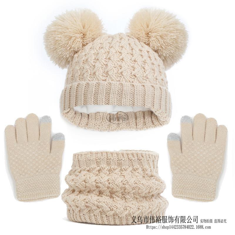 PomPom Strickmütze für Kinder, Schal, Handschuhe, Set für Jungen und Mädchen, Wintermützen, süße Fleece-Kindermütze, gestrickter Halswärmer, 3-teilig