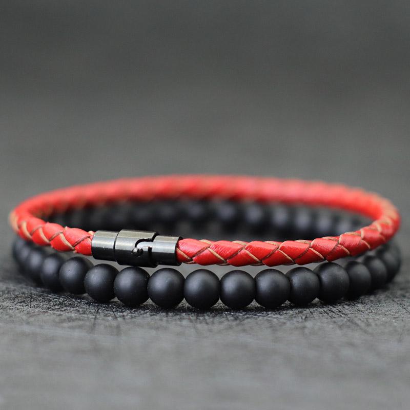 Noter 2Pcs Men Bracelet Set 4mm Genuine Leather Braclet Homme 6mm Black Onyx Stone Beaded Braslet Paired Matching Brazalete Gift