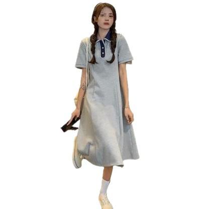 Academy style splicing button color matching polo collar dress high-end temperament women's A word medium and long dress