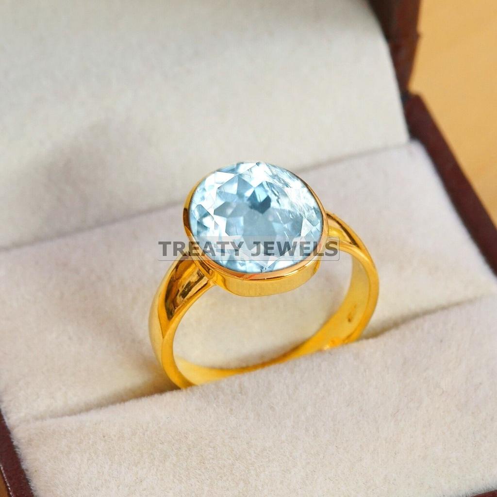 Aquamarine Oval Cut With 925 Sterling Silver Gold Plated Ring For Men's #A728 JL375659006675
