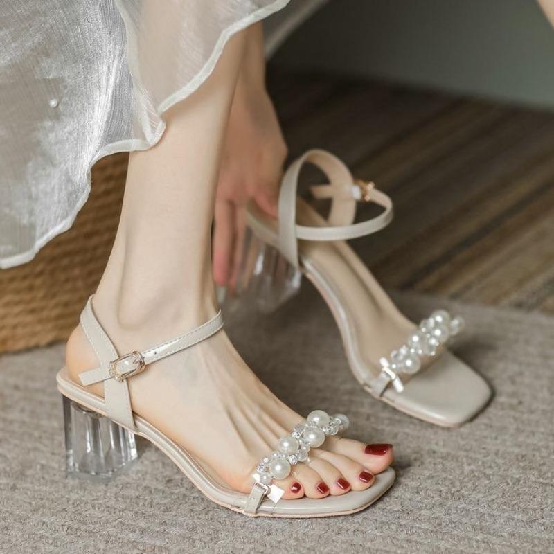High-heeled Sandals New Pearl Square Head Transparent Thick-heeled Sandals Lady Pearl Buckle Sandals