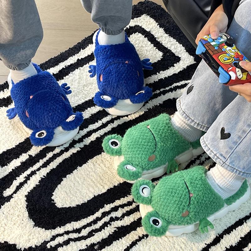 Mode Herbst Winter Plüsch Hausschuhe Damen Kreative Cartoon Frosch Zuhause Warme Hausschuhe Paare Lässig Komfort Fellige Pantoletten Schlafzimmerschuhe
