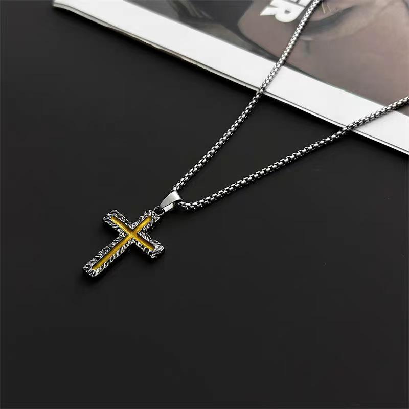 European-American Lava Cross Necklace: Non-Fading, Trendy Two-Tone Titanium Steel Cross Pendant for Men.