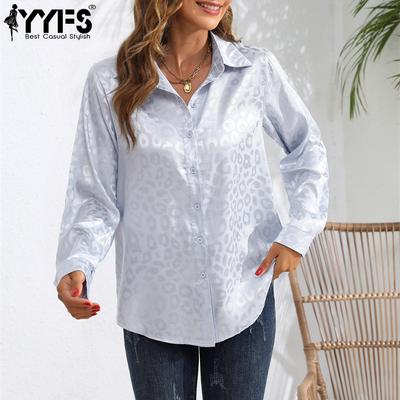 Camicette e camicie a maniche lunghe con scollo a V e stampa leopardata, casual, primavera-autunno, da donna