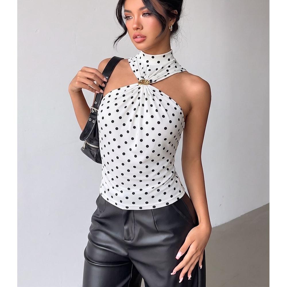 Women Sexy Halter Neck Pleated Twist Front Tank Tops Trendy Slim Fit Sleeveless Hollow Out Halter Top Clubwear S