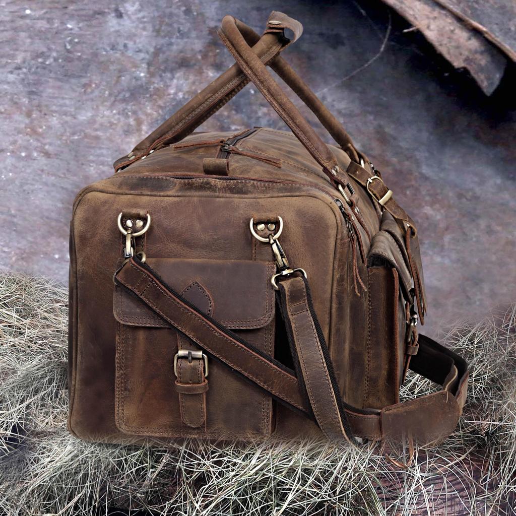 Handmade Top Grain Leather Duffle Bag: Weekender Travel Gym Bag