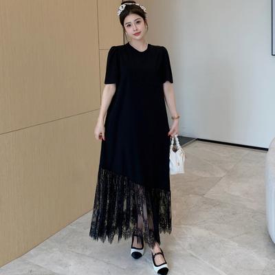 Plus Size Loose Stitching Lace T-shirt Black Dress Women