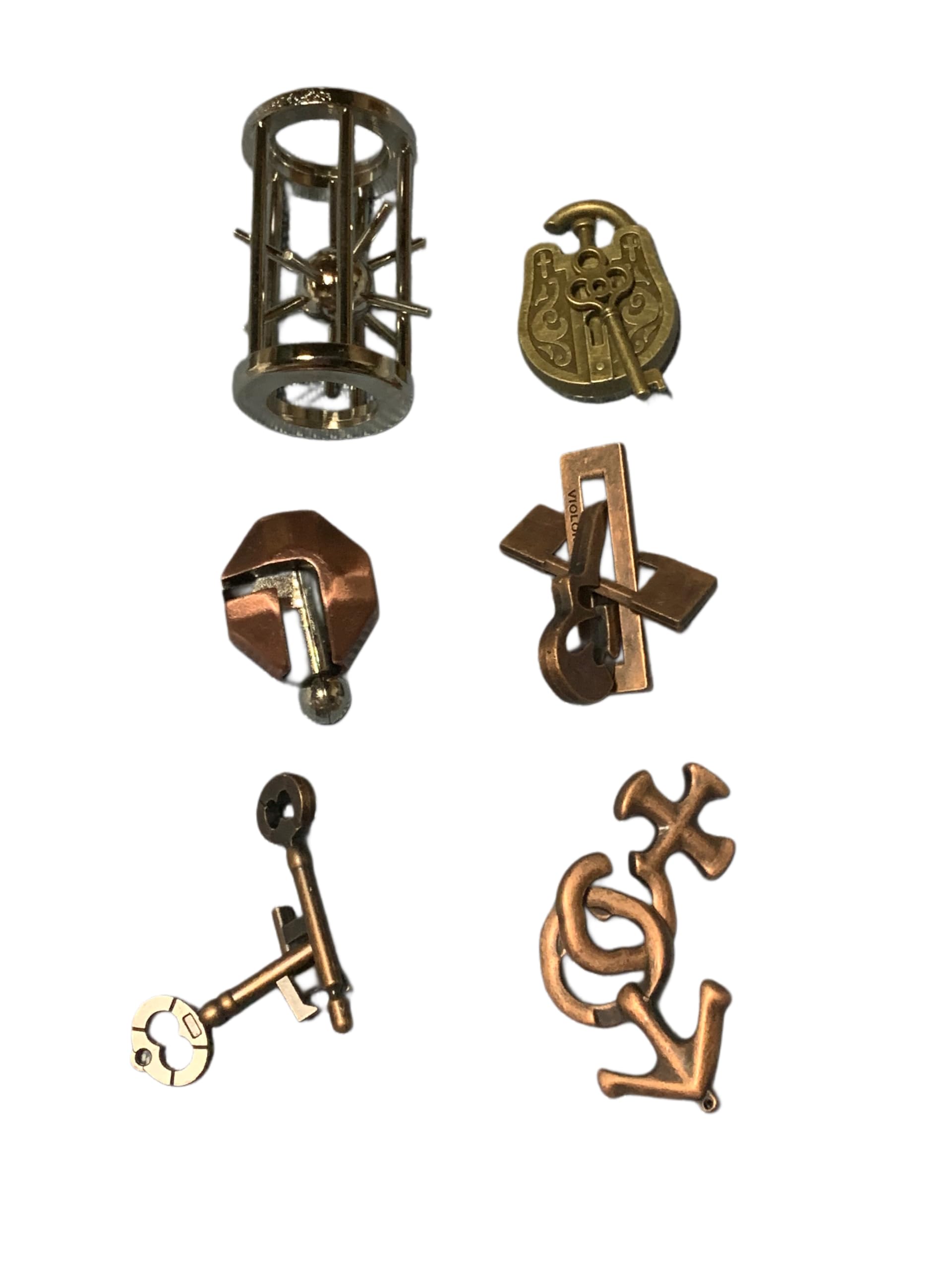 

6-piece metal puzzle set, antique style, including padlock, hourglass, and anchor shapes, perfect for a torch collection