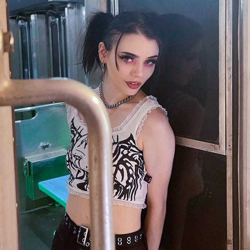 Buy Y2k Emo Printed Mall Gothic Lace Trim Tank Tops Grunge Punk Aesthetic White Bodycon Cropped Tops Harajuku Cute Alt Clothes At Affordable Prices Free Shipping Real Reviews With Photos Joom