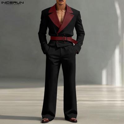 Two Piece Suit Men Stitching Lapel Long Sleeve Thin Blazer Long Pants Casual Outfits Sets