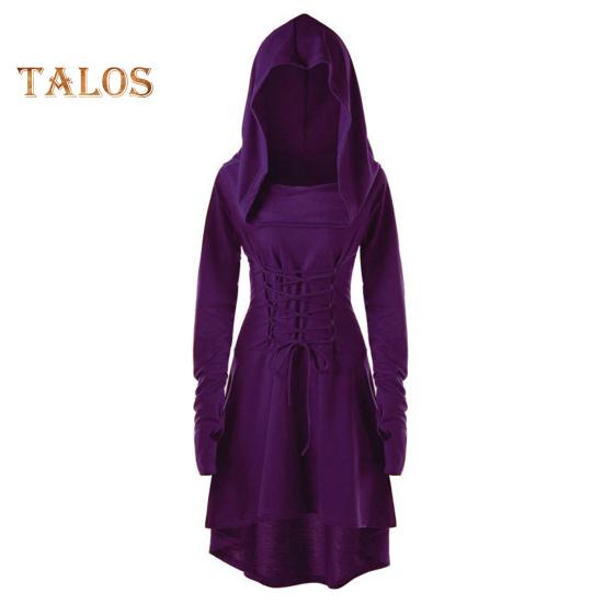 Women Cosplay Dress Gothic Solid Color Lace-up Strap Slim Waist Irregular Hem Hooded Long Sleeves Theme Parties Role-Playing Festival Halloween Midi