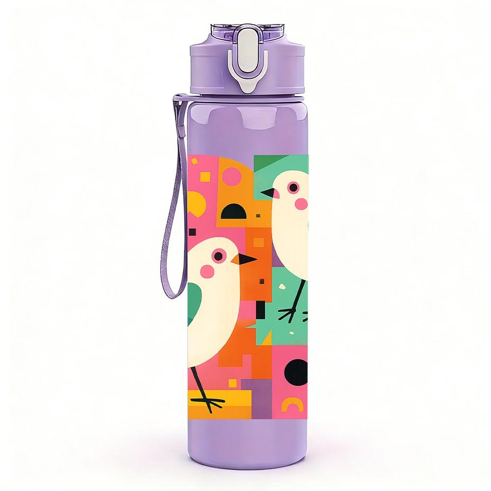 1PC Abstract Color Block Bird Couple 750ml Color Plastic Sports Water Bottle Leakproof Flip Straw Lid Suitable for Sports Office Home Use