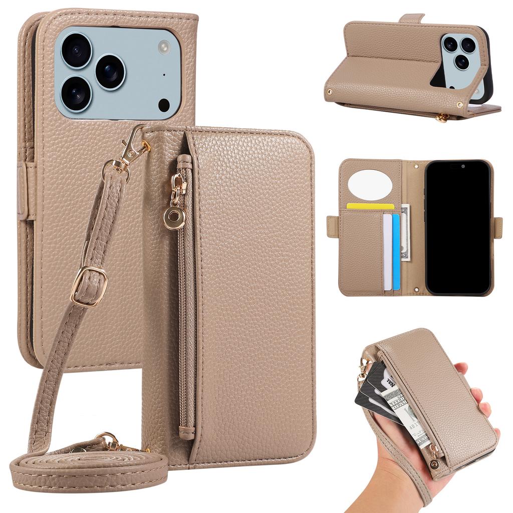 Zipper Flip Magnetic Cards Solt Mirror Wallet Leather Case For iPhone 17 Pro Max 16 Plus 15 14 13 12 11 Strap Slim Book Cover