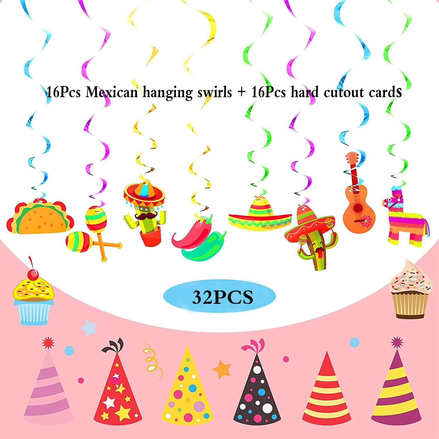 32Pcs Mexican Fiesta Hanging Swirl Decorations - Taco Twosday Birthday, Cinco De Mayo Party Supplies - Taco Party Ceiling Hanging Decorations for